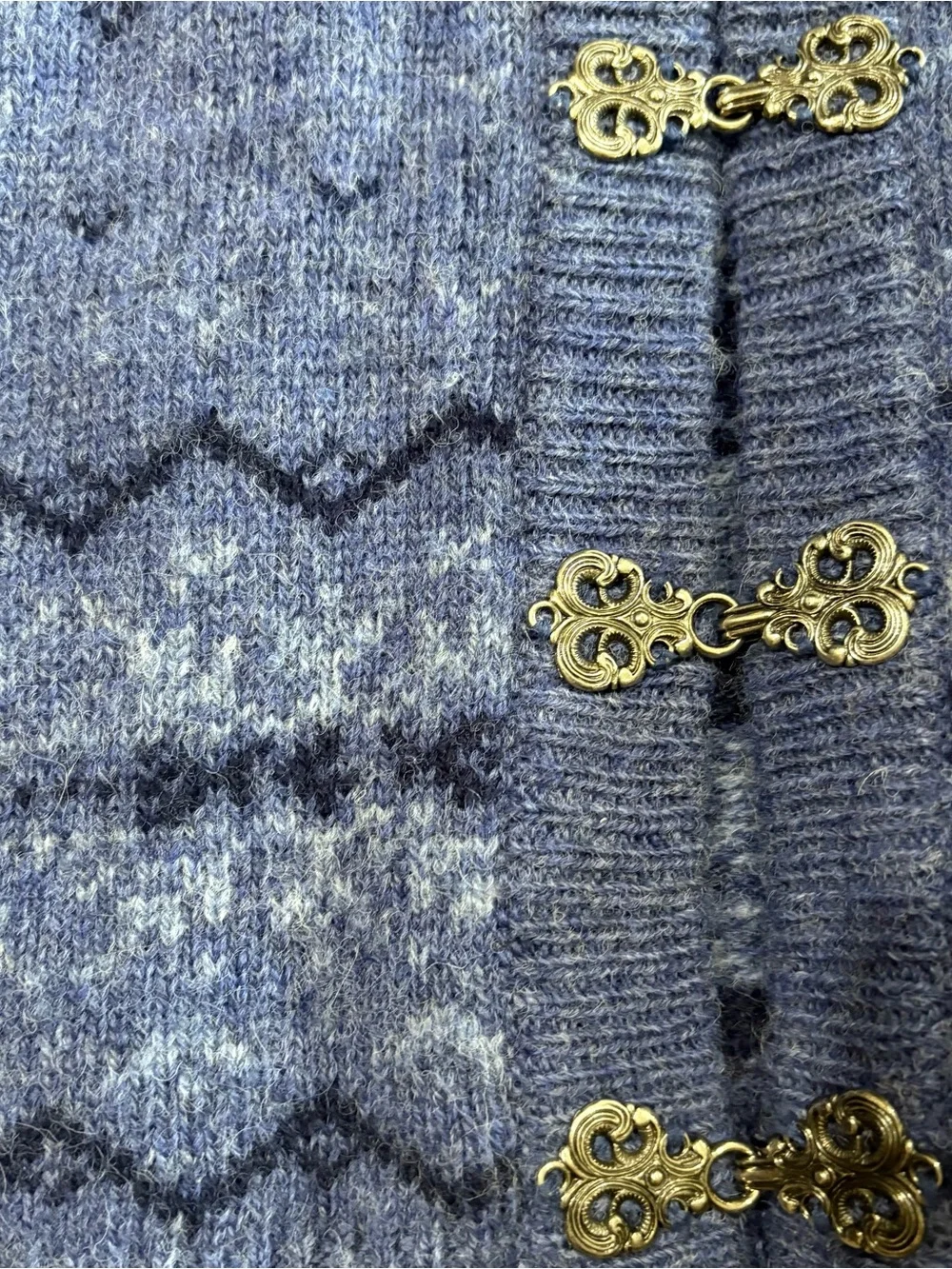 Fair Isle 100% Wool Blue Sweater Cardigan Metal Clasp Sz L Detachable Collar